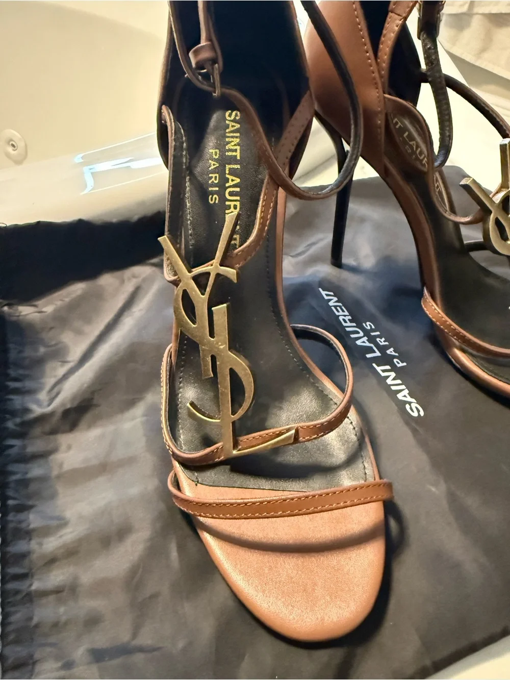 Saint Laurent Metallic Brown YSL Logo Strappy High Heels